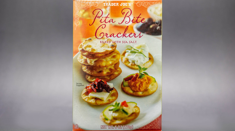 Box of Trader Joe's pita bite crackers on grey background