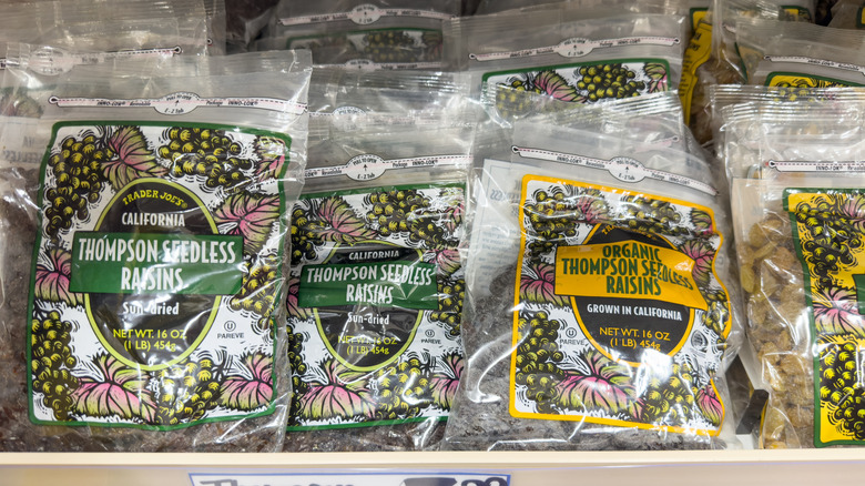 Bags of raisins on shelf at Trader Joe's