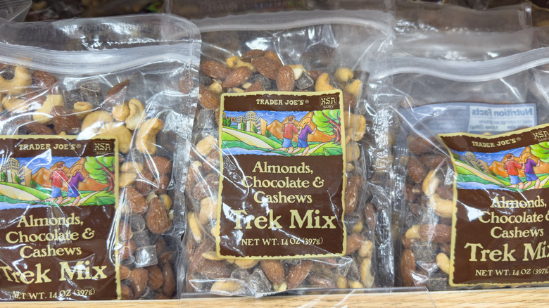 Bags of Trek Mix on shelf at Trader Joe's