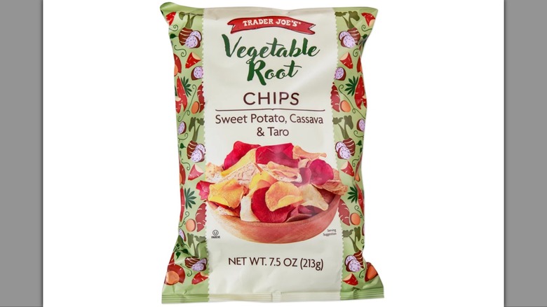 Bag of Trader Joe's vegetable root chips on white background