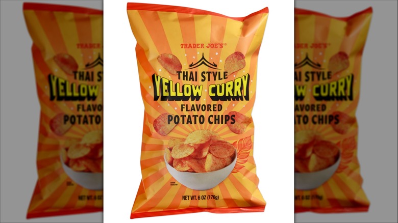 Bag of Trader Joe's Thai Style Yellow Curry Flavored Potato Chips on a white background