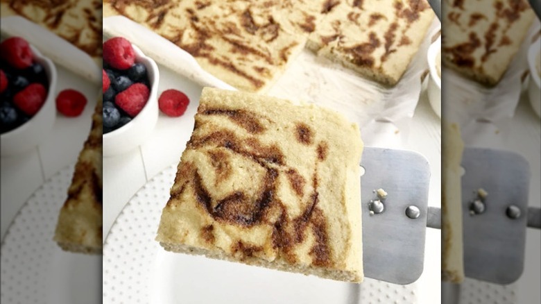 Closeup of a slice of cinnamon sheet pancakes
