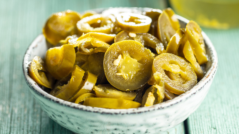 Bowl of pickled jalapeños