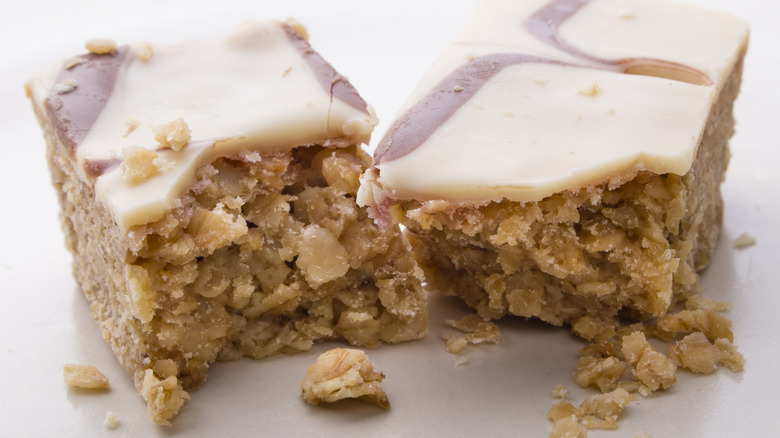 Close-up of a homemade iced oatmeal cookie bar