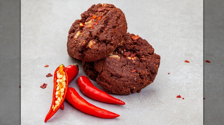 chocolate cookies with red pepper flakes and plants