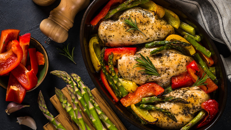 Vegetables in a skillet with chicken
