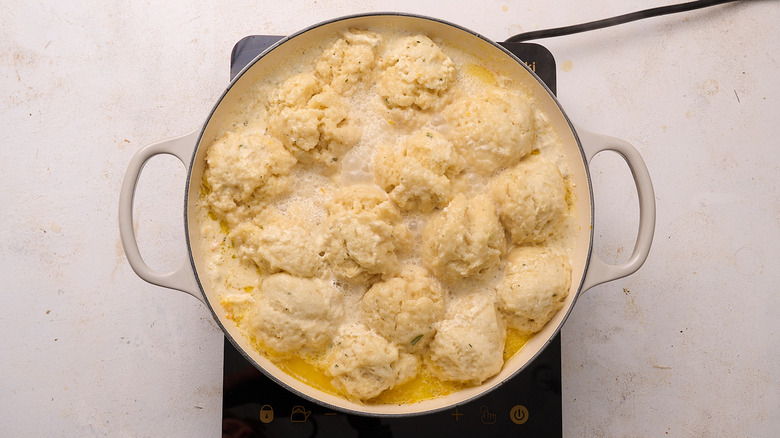steamed dumplings in a skillet