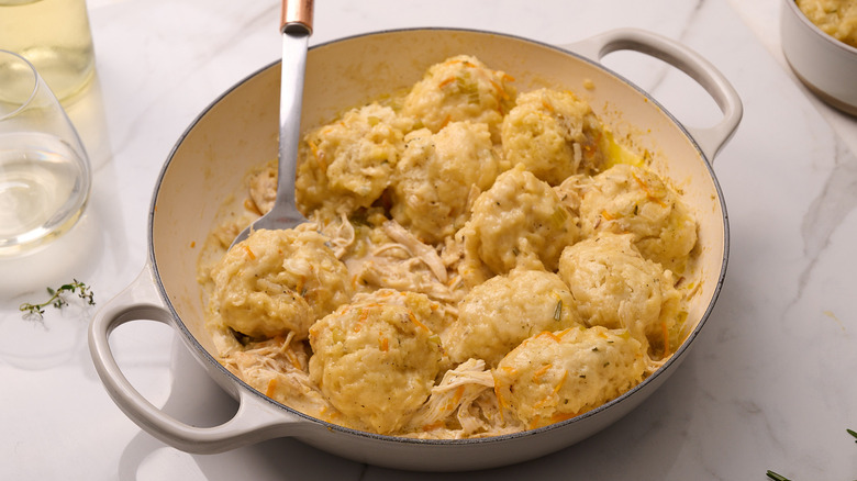 chicken and dumplings in a skillet