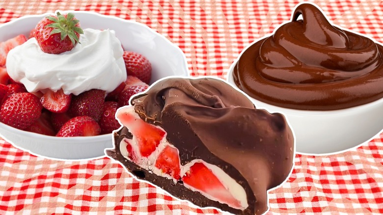 A chocolate strawberry cluster, bowl of chocolate, and a bowl of strawberries and yogurt on a gingham background