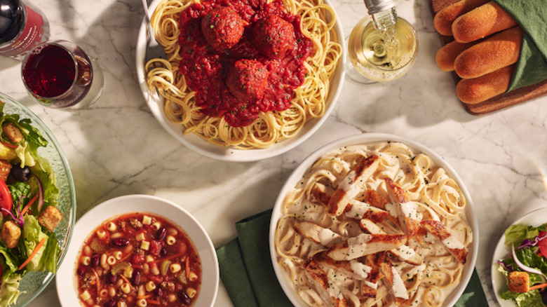 pasta dishes and breadsticks from Olive Garden
