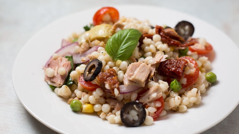 Close up of tuna couscous salad in bowl