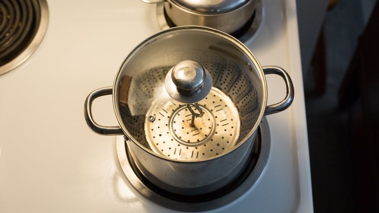 Pot with steamer basket and lid on stovetop