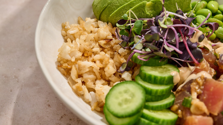 close up of crispy rice in a bowl