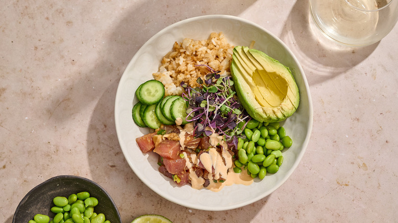 tuna crispy rice bowl on a table