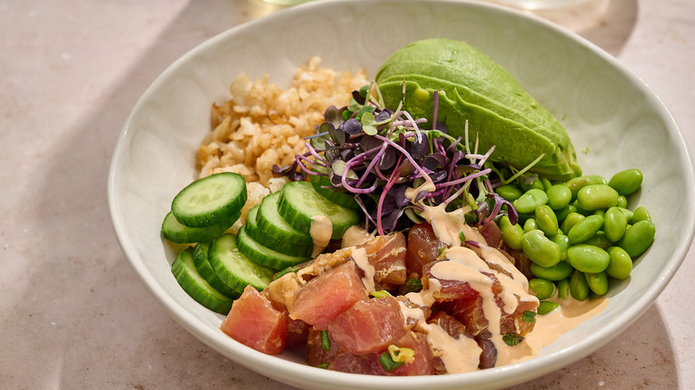 tuna crispy rice bowl assembled on a table