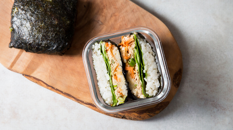 tuna onigirazu on wooden board