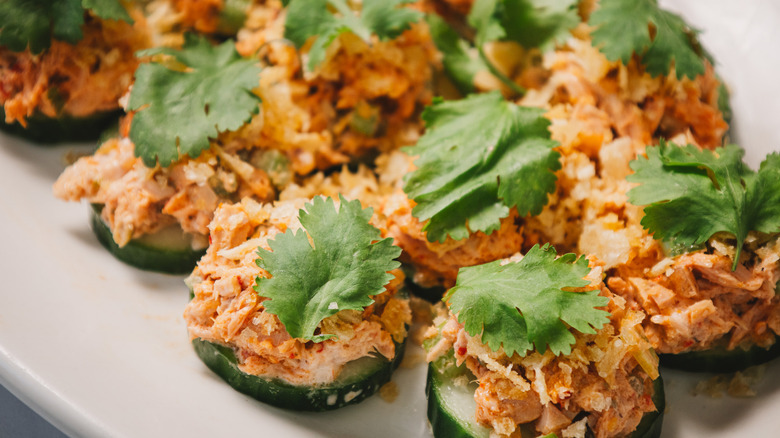 Close up on plate of fricasse tuna salad bites