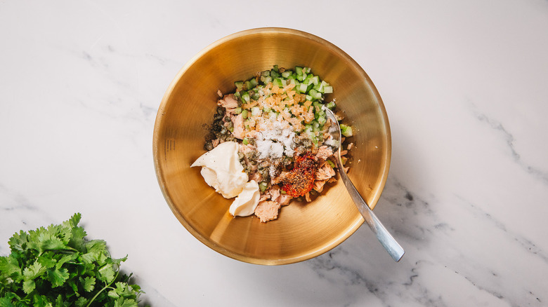Tuna salad components in bowl