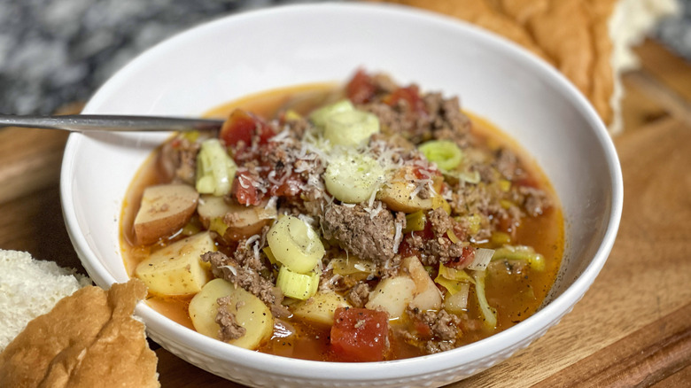 comforting ground beef stew with leeks