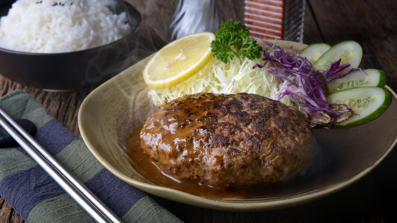 A plate of Japanese hambagu steak