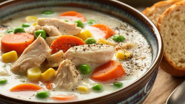 bowl of chicken pot pie soup