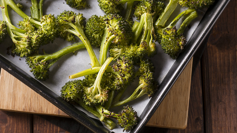 Sheet pan of roasted broccoli