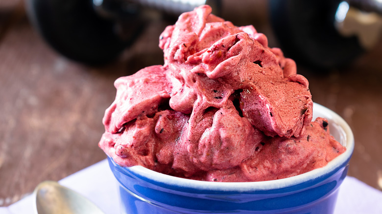 A close-up of a ramekin of icy blueberry fluff