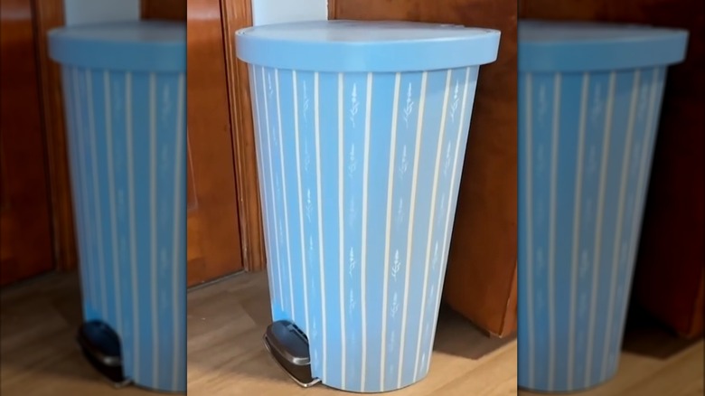 Striped painted kitchen trash can