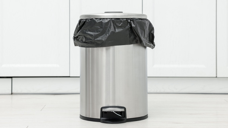 Metal trash can in front of kitchen cabinets