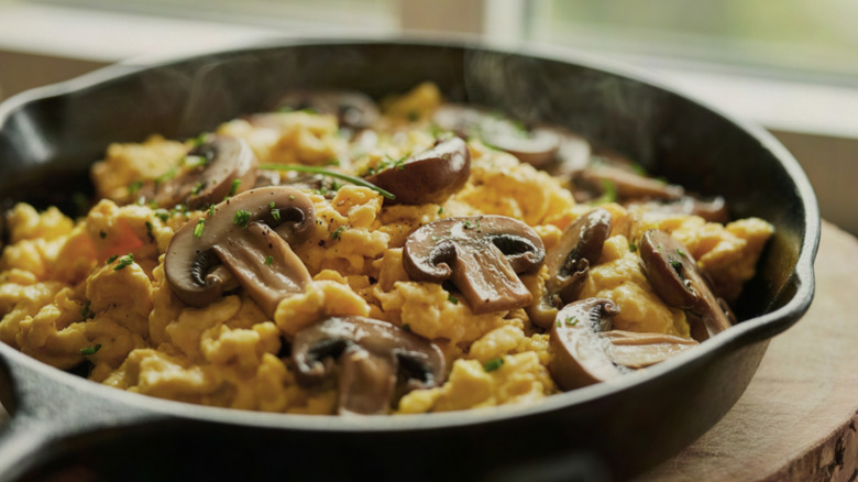 Mushroom pieces on top of scrambled eggs in a skillet pan