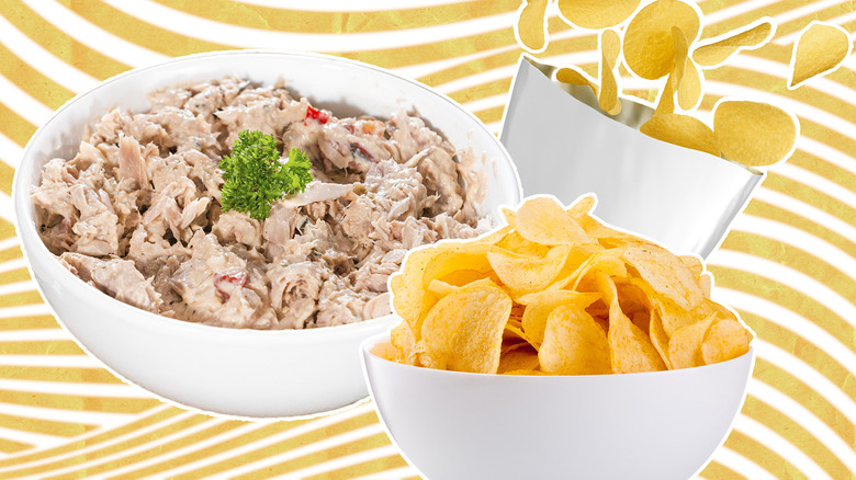 Bowls of tuna salad and potato chips