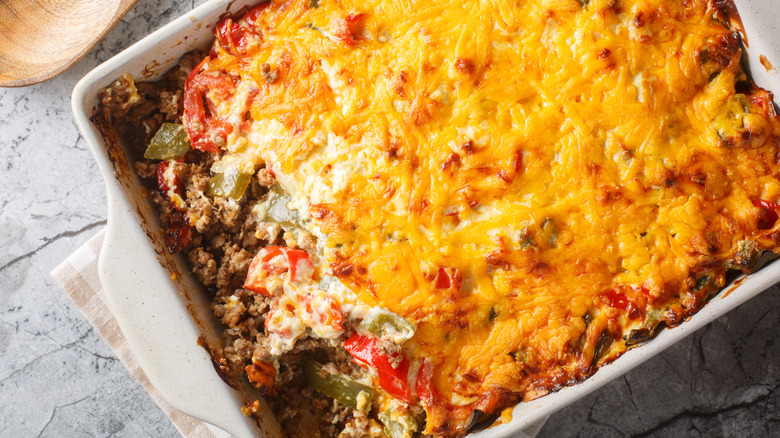 Casserole with peppers, cheese, and ground meat
