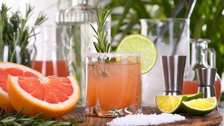 A rocks glass rimmed with salt, containing a Paloma cocktail garnished with lime and rosemary