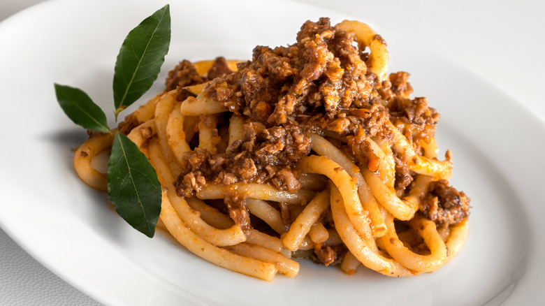 Wild boar pasta on plate