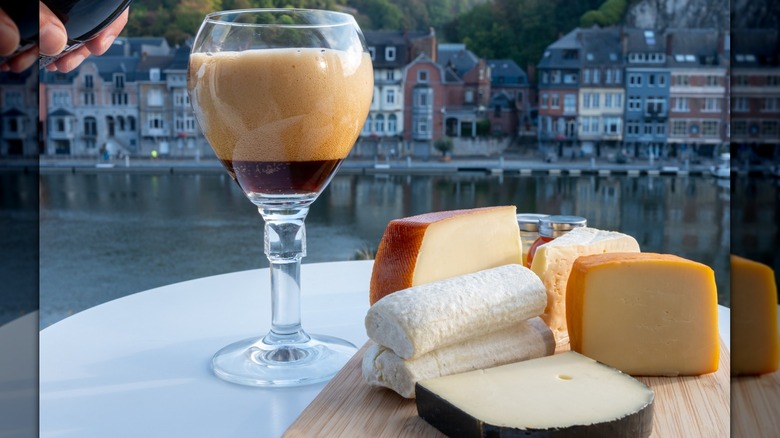 Trappist cheese and beer on a patio