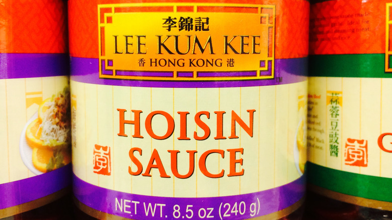 Closeup of jar of hoisin sauce
