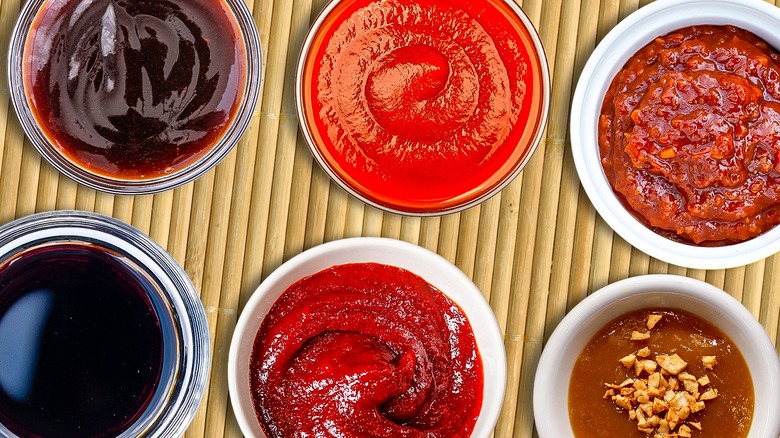 Six dipping bowls with various sauces