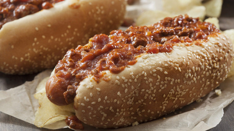 Hot dogs topped with chili