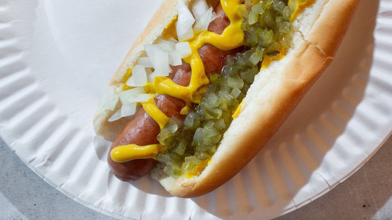 Hot dog with mustard, onion, and relish