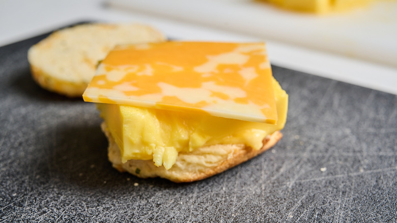 Egg patty on biscuit half