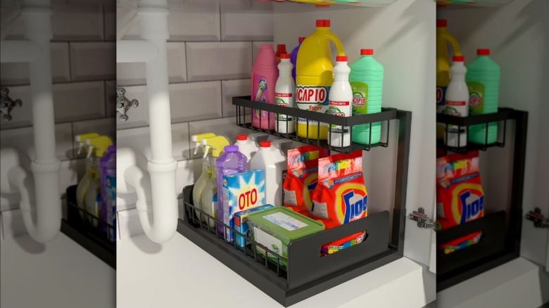 Under-sink organizer with bottles and containers