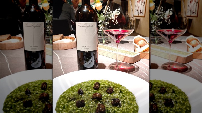 Gianni Gagliardo Langhe Nebbiolo DOC DaBatiè on dinner table with risotto
