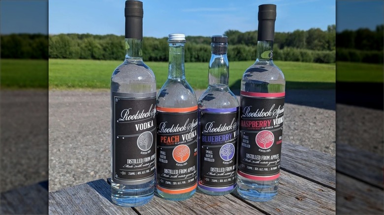 Label views of a suite of Rootstock vodka expressions on a picnic table on a sunny day