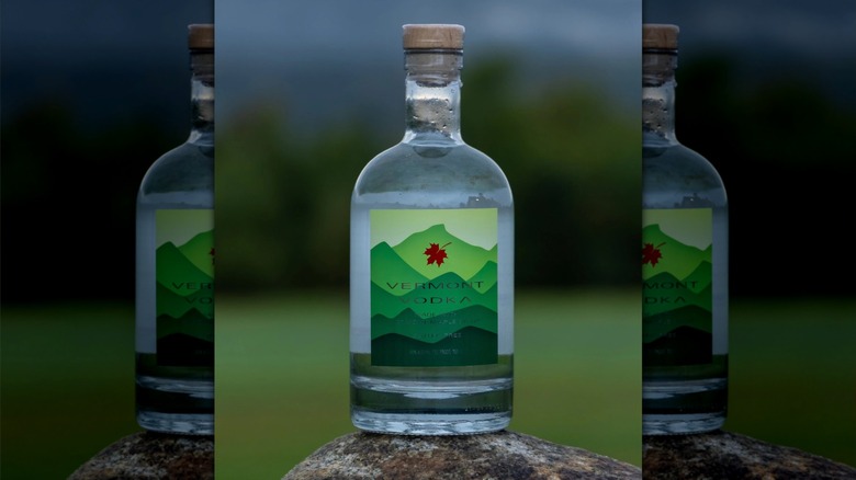 Label view of Vermont Vodka against out of focus green background