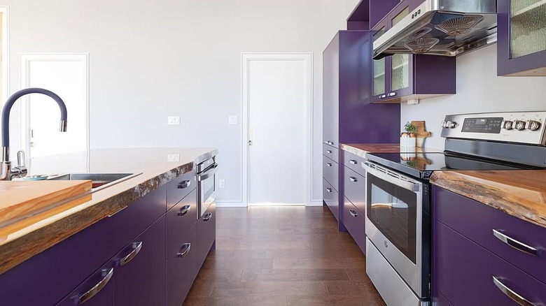 Kitchen with wooden countertops and dark purple cabinets on each side