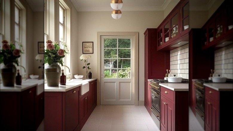 Narrow kitchen with red wine colored cabinets and a garden view