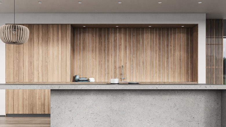 Minimalist kitchen with wooden backsplash and concrete countertops