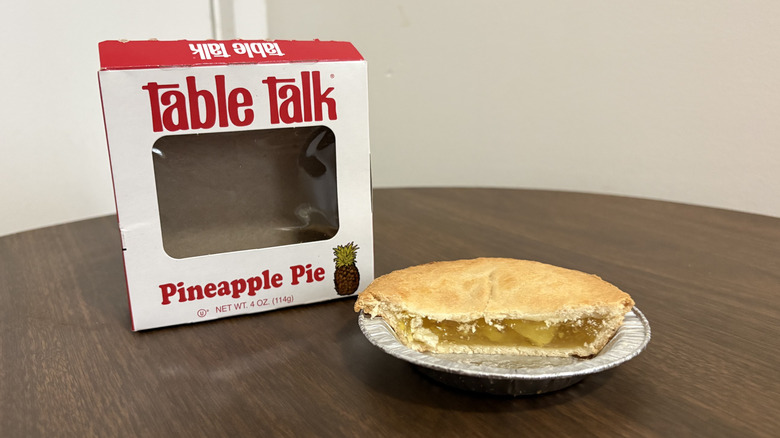 box of Table Talk pineapple pie and cross section on a table