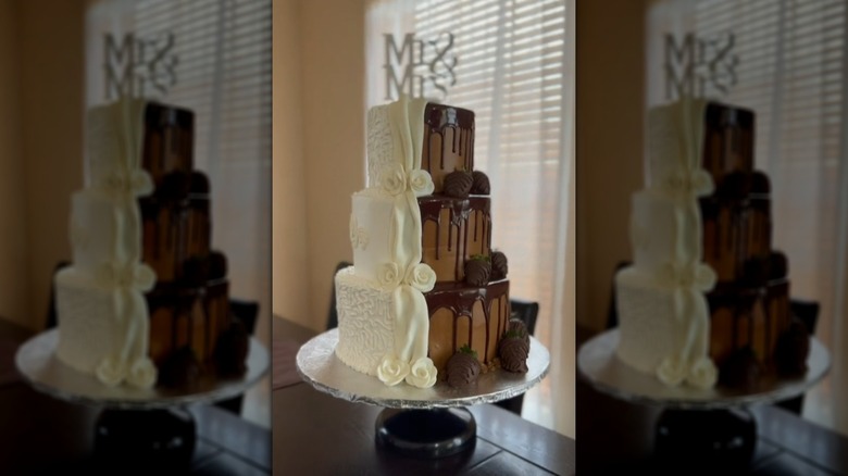Split wedding cake with one half chocolate and one half white