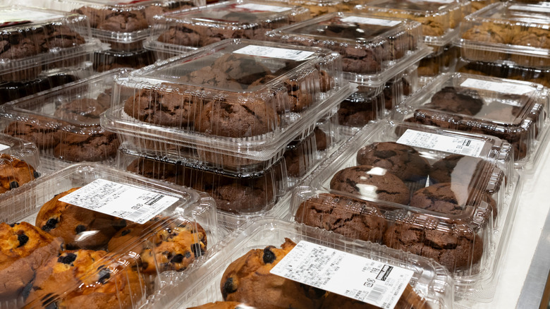 rows of Costco bakery items in plastic containers